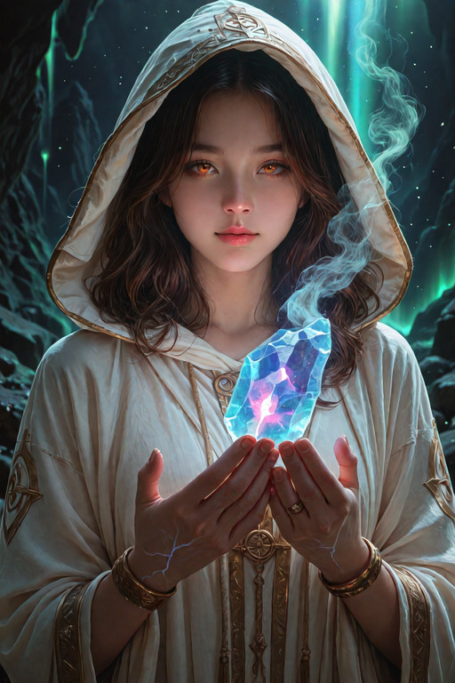 Look at Viewer
 cinematic realistic scene in 8K HD,[Medium athletic woman, wavy auburn hair mid-length, subtle smoky eyes and soft lips, amber eyes with focused glance, calm facial expression, defined jawline, straight nose, small nose stud, layered bracelets, realistic hand and arm anatomy |, performing arcane ritual around glowing altar], deep crystal cavern with ethereal rune carvings and pulsing energy veins under dim aurora glow, hooded ceremonial robes on enigmatic figures, mystical environment with floating particles and ancient artifacts in shadows, hypnotic eyes focused on spell, ritualistic poses with hands raised, glowing symbols and aura effects visible, high detail textures on crystals, smoke wisps, and cloth, photorealistic rendering, epic composition with depth of field, volumetric lighting from magical sources, sharp focus, ultra-detailed, no artifacts, masterpiece quality.