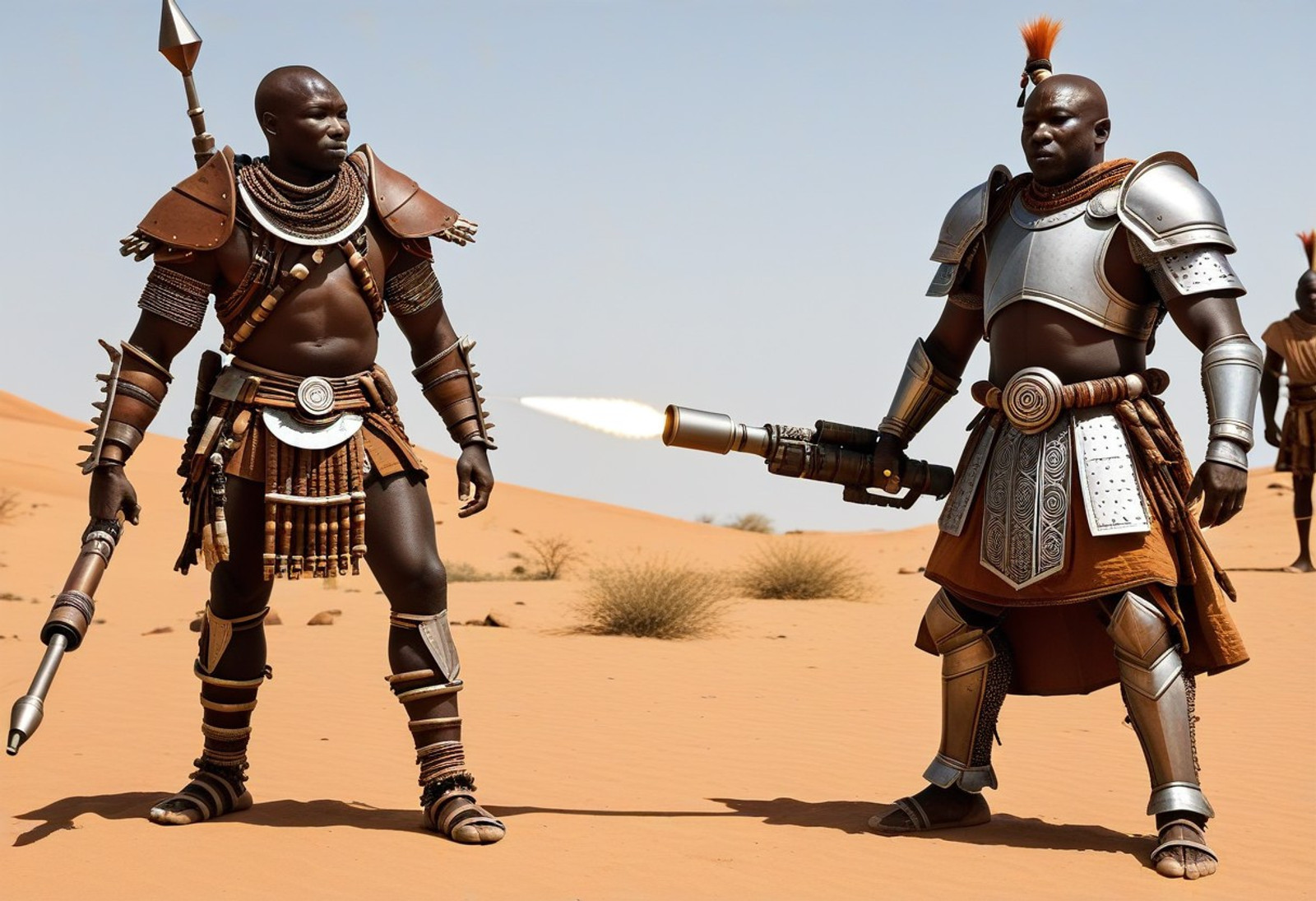Himba featured knight, on left facing right, holding a rocket launcher bazooka pointed to upper right corner knights watch guardian knight tf tlk