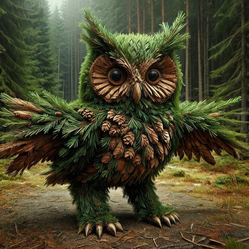 cinematic, h0rr0rstyl3, owl made out of fir needles on an empty surface, full body, digital art