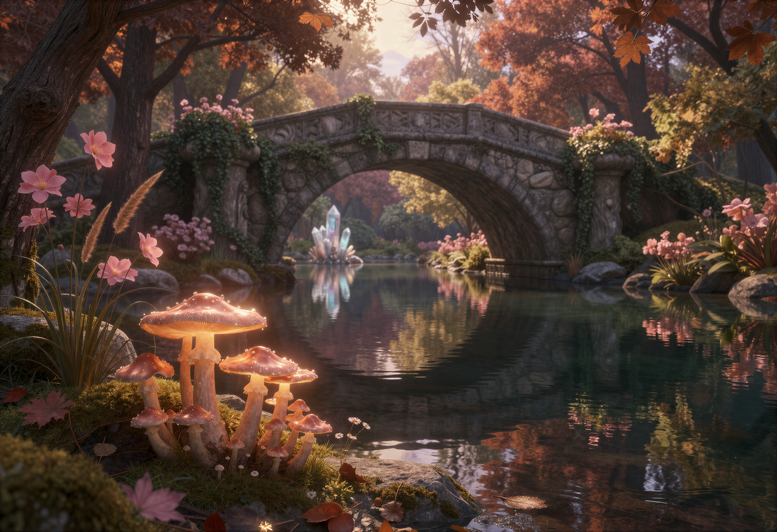 An enchanted autumn river garden unfolds in a beautiful fantasy landscape, where a graceful ancient stone arch bridge rises over still reflective water and curves across the scene with elegant tension. In the foreground, a cluster of tall luminous mushrooms grows along the riverbank among soft pink blossoms, moss, delicate grasses, and scattered fallen leaves, their satin caps glowing with rosy amber highlights and a subtle magical presence. The bridge sits off-center in an asymmetrical composition, with one riverbank opening into calm negative space and the opposite side filled with layered foliage, trailing vines, and sculptural stone textures, creating a more dynamic and interesting visual rhythm. A slender crystalline formation emerges from the distant water like a sacred natural monument, adding a fantastical focal accent deeper in the scene. The atmosphere feels charming, dreamy, and slightly mystical, blending the inviting warmth of a storybook world with a more refined cinematic fantasy mood. The camera is placed low near the mushrooms at the waterâs edge, using a gentle dutch angle and a three-quarter forward view that leads the eye diagonally from the glowing foreground forms toward the arch bridge and into the forest beyond. A 35mm lens with a shallow to medium depth of field gives the foreground mushrooms crisp tactile presence while the distant forest canopy and background details melt into soft bokeh, preserving depth and visual poetry. The water reflects the bridge, the trees, and the sky in a slightly rippled mirror surface, adding calm structure and luminous texture. The lighting is a refined golden-hour glow filtered through the trees, with soft sunbeams from the upper side of the frame, warm highlights on the stone arch, gentle fill light across the river, and subtle luminous bloom around the mushrooms and flowers. Fine rim light traces the edges of leaves, petals, and caps, while soft shadows create depth and intimacy across the bank. The style merges photoreal natural materials with a painterly fantasy finish, featuring tactile bark, weathered stone, velvety petals, moist earth, glossy water reflections, and softly radiant mushroom surfaces. The color palette blends warm amber, copper, muted crimson, rose pink, moss green, soft turquoise reflections, and touches of lavender haze, creating a sophisticated, whimsical, and magical landscape with strong asymmetry, elegant atmosphere, and a richly composed visual presence. <lora:zit_ta86_zitvision3:0.4>