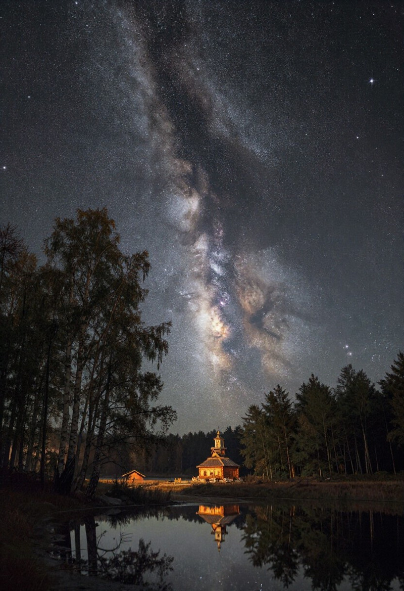 Amivireg art style, Stunning night landscape in Central Russia with a brilliant Milky Way arching across the c