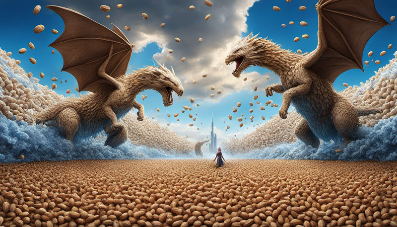 Epic wide cinematic aerial battle inspired by Game of Thrones, two giant dragons fully visible in the sky, fac