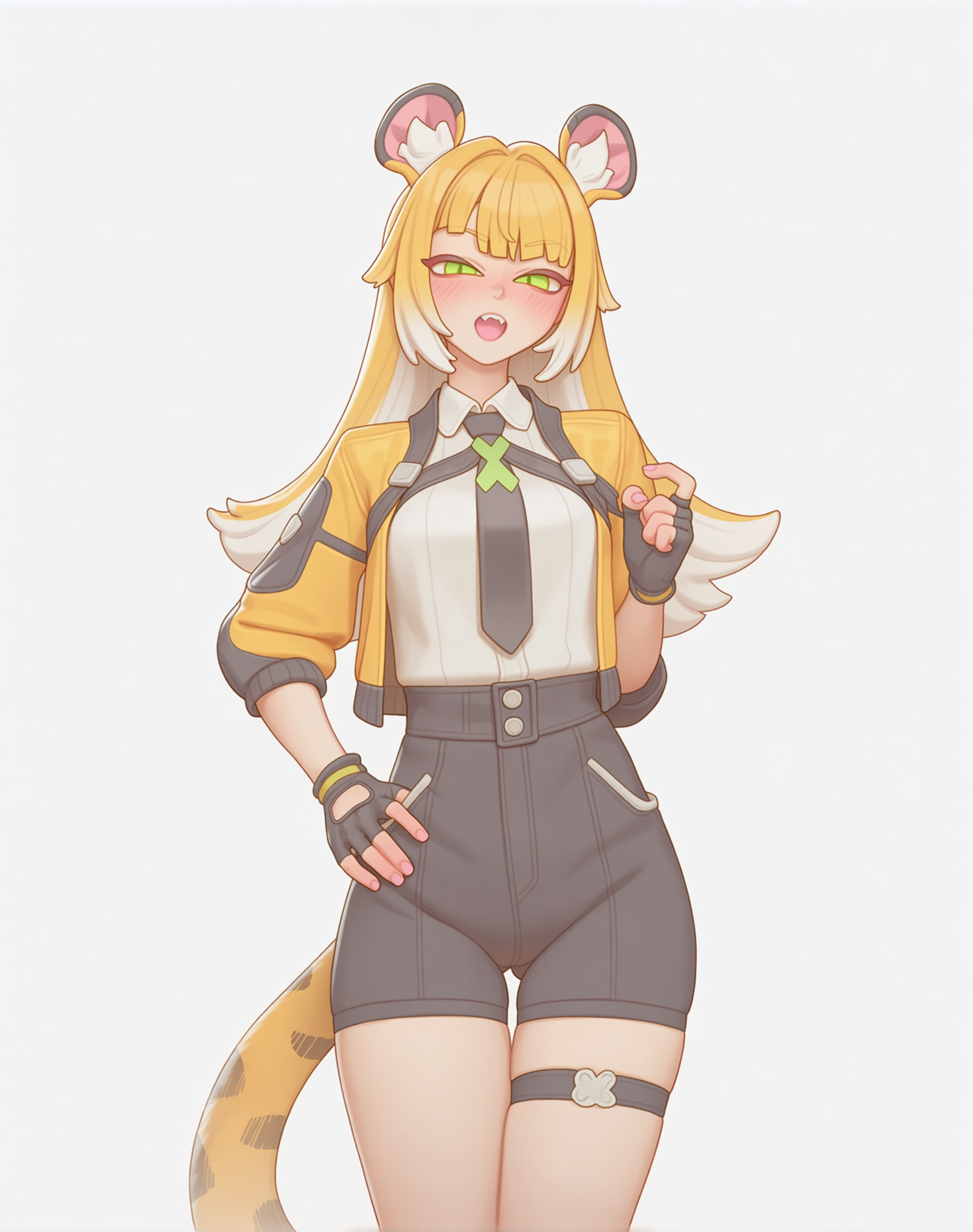 @bartolomeobari, score_9, msterpiece, best_quality, 1woman absurdres animal_ear_fluff animal_ears blonde_hair colored_inner_hair fingerless_gloves gloves green_eyes highres jacket ju_fufu long_hair looking_at_viewer multicolored_hair open_mouth shirt shorts solo tail thigh_strap tiger_ears tiger_woman tiger_tail user_vrtd3254 white_hair zenless_zone_zero, ,