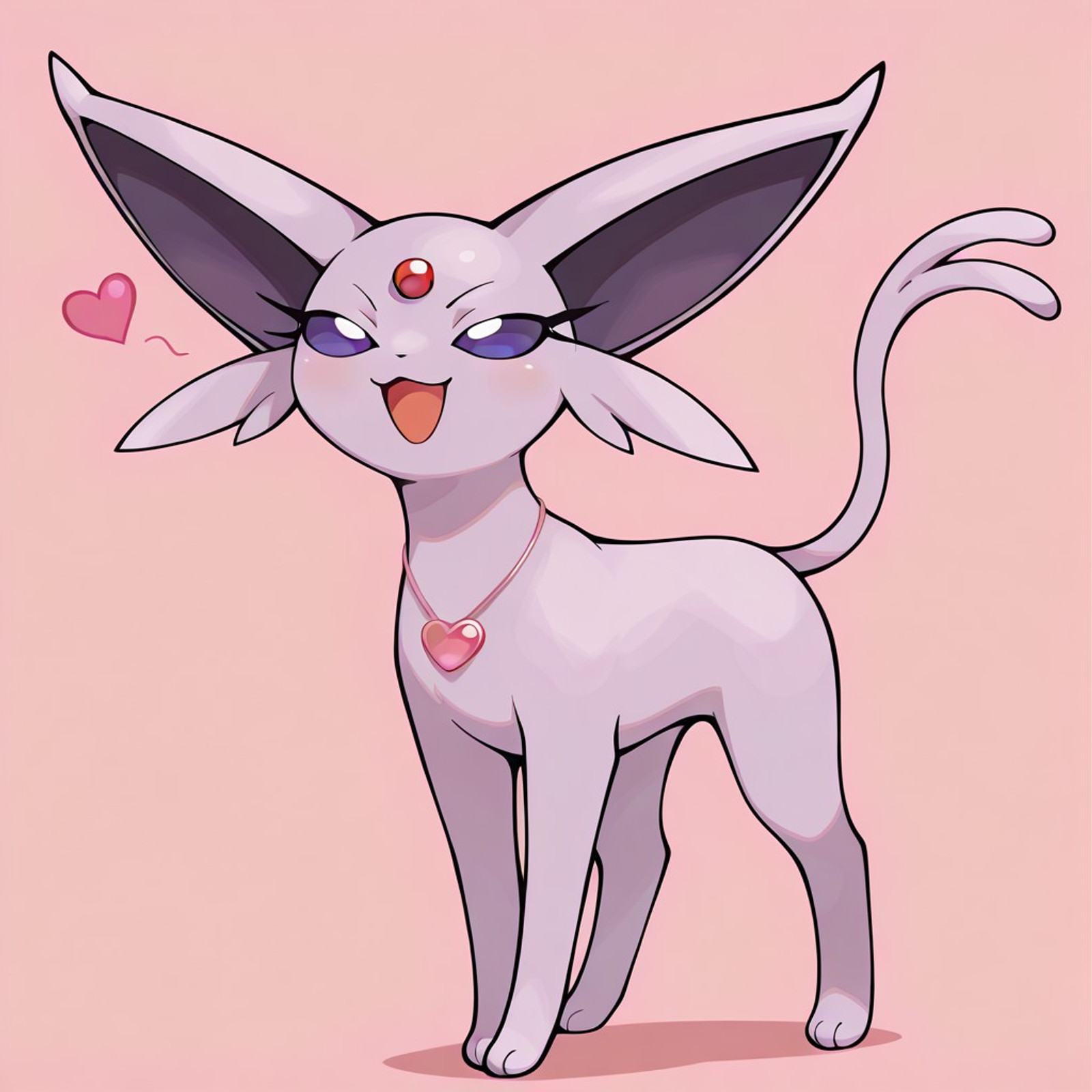 espeon, pokemon (creature), lavender fur, quadruped, purple eyes, simple eyes, red orb on forehead, forked tail
female, girly, (((long eyelashes))), very feminine
full body, solo, (((wearing pink heart necklace))), front view, (((smug))), long eyelashes,  (((tough))), girly, standing confidently, solo, happy, smiling, smirk, (((light pink background))), (standing), full body view, open eyes, open mouth, pokemon_style, flirty
masterpiece, best quality, amazing quality,  score_9, score_8, score_7, no humans, 8k, best quality, amazing quality, (((safe_pos)))