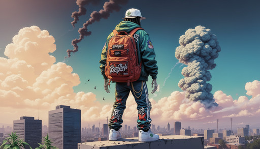 a skeleton facing backwards with hip-hop clothes on and a backpack. 