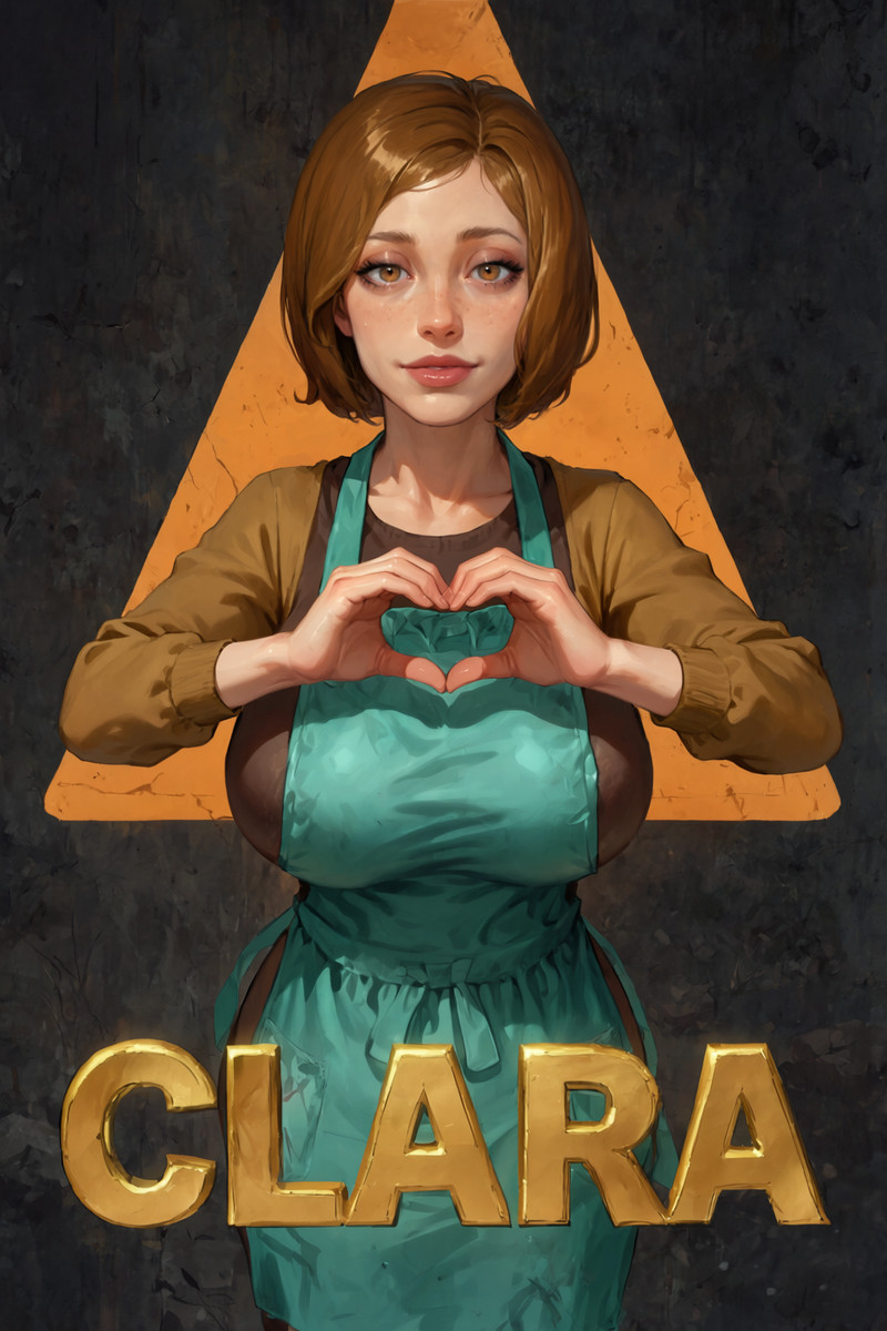 safe,masterpiece, best quality, score_9,score_8, ,cl4r4, brown hair, large breasts, short hair, freckles, brow
