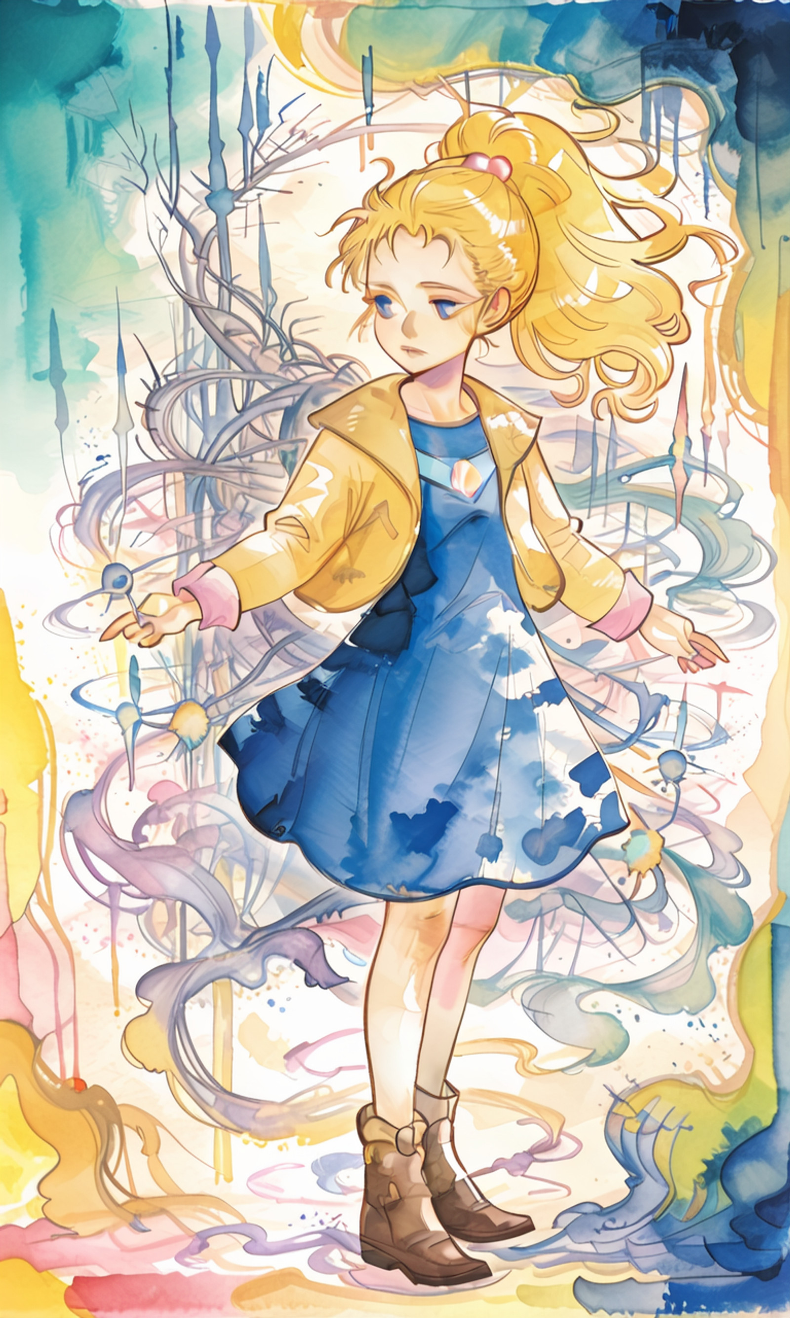 Yoshitaka Amano, abstract, watercolor \(medium\),krile ff5,jacket,blue dress,brown boots  <lora:9_YoshitakaAmano:0.75> <lora:krile ff5 5outfits_illustriousXL:1>