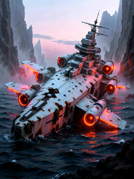 A massive crashed battleship lies half-submerged in a desolate alien ocean, its sleek white hull battered by time and corrosion. Neon orange accents still flicker along the edges of its wings and engine vents, casting eerie glows through the mist. Scorch marks and barnacle-like growths hint at a violent fall. In the distance, jagged cliffs rise under a pale twilight sky, reflecting the orange glimmers from the ship's fractured surface. <lora:YFG-ChatGPT-4o-Style-F2_Klein-3kv1:0.5> <lora:YFG-Obs-Flux2-Klein9b_3k-v1:0.5>