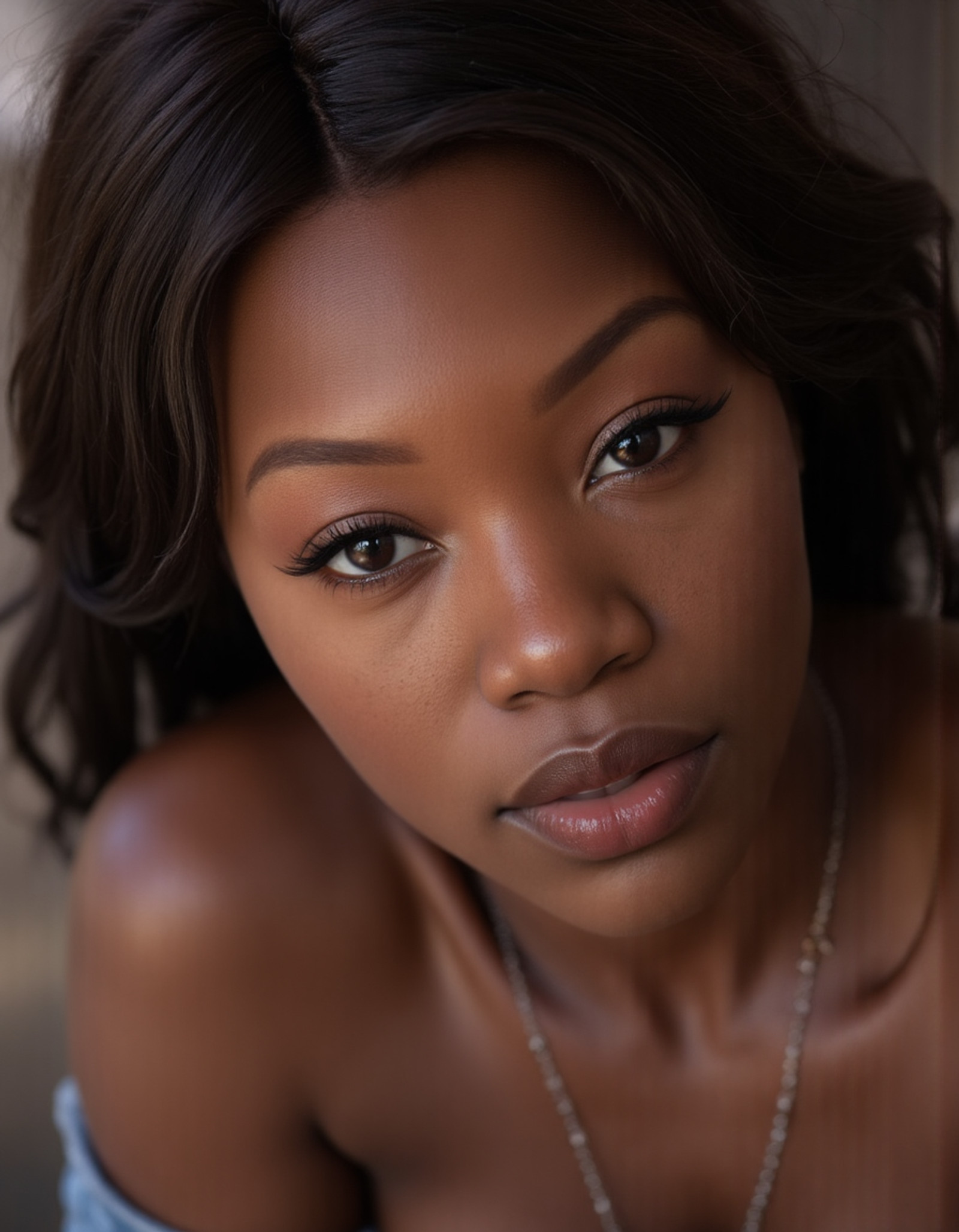 "Breathtaking over the shoulder shot photography of a Cameroon woman looking at viewer, necklace, looking over shoulders, eyelashes, fine hair detail, entire hairstyle visible, perfect eyes with iris pattern, sensual lips, nose, (perfectly sharp:1.3), realistic textures, (deep focus, focus on background:1.5), 8k uhd, dslr, ultra high quality image, film grain, Fujifilm XT3 <lora:Cameroon:1>"