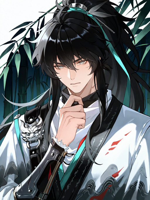 qiuyuan,masterpiece,newest,1boy,solo,arm armor,black hair,grey eyes,hair ribbon,long hair,ponytail,white cloak,scar on cheek,silver dragon shoulder ornament,<lora:illi:0.2>,<lora:yao-000100:0.3>,looking_at_viewer,<lora:qiu11-000039:0.9>,<lora:reiXLNB11lokrV63P1:0.3>,(bamboo forest:0.8),absurdres,upper_body,front view,<lora:åå½±æåº¦æ»å:0.5>,dark,