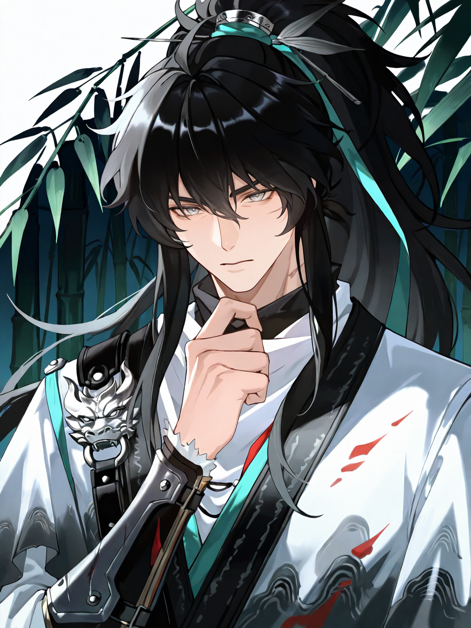 qiuyuan,masterpiece,newest,1boy,solo,arm armor,black hair,grey eyes,hair ribbon,long hair,ponytail,white cloak,scar on cheek,silver dragon shoulder ornament,<lora:illi:0.2>,<lora:yao-000100:0.3>,looking_at_viewer,<lora:qiu11-000039:0.9>,<lora:reiXLNB11lokrV63P1:0.3>,(bamboo forest:0.8),absurdres,upper_body,front view,<lora:åå½±æåº¦æ»å:0.5>,dark,
