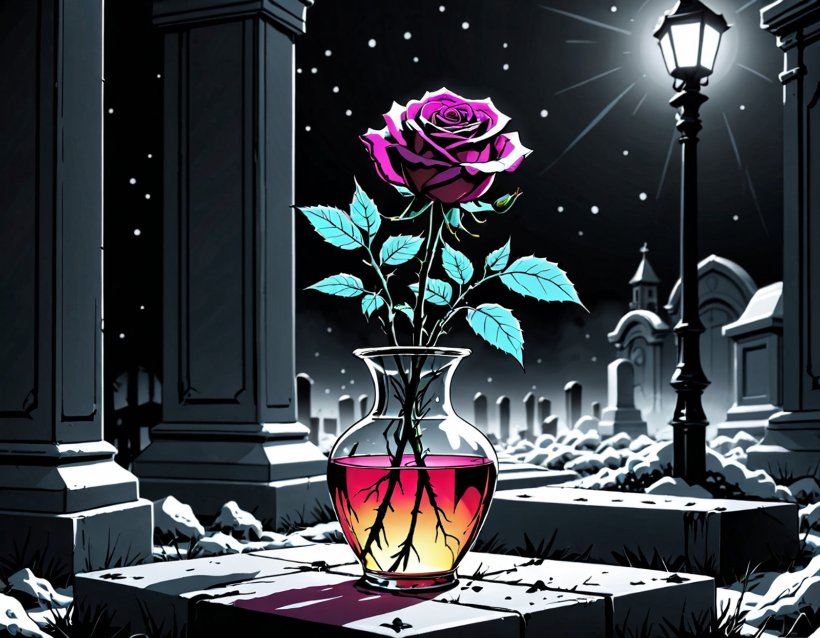 a withering rose in a vase on a grave on a cold winter night, looking up, black and white photography, artisitic, award winning photo, post modern,, emotional, harmonious,, masterpiece, 8k, ultra high res, ultra high detail, best quality, ultra detailed, realistic, highly detailed, trending artstation, award winning GTA-style illustration, comic book art style, high contrast, dramatic shadows, cinematic lighting, comic book shading, bold outlines, vibrant colors, stylized, urban, poster art, Rockstar Games aesthetic,