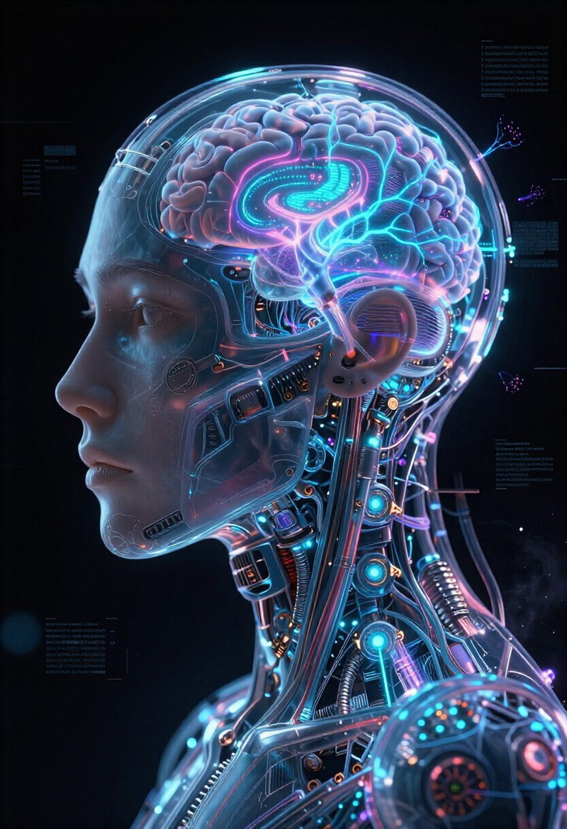 A haunting futuristic close-up portrait of a cybernetic human head suspended inside an endless black digital v