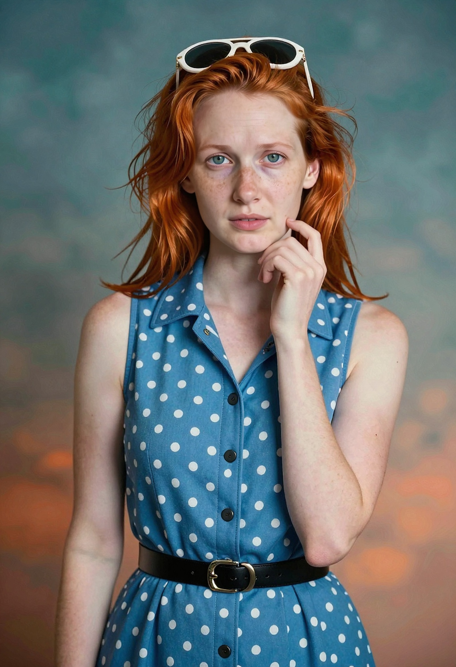 An elegant cinematic portrait of a glamorous Fyre embodying the essence of “Fyre” — dressed in a meticulously tailored sleeveless blue polka-dot gown front-buttoned with vintage-inspired craftsmanship, cinched at the waist by a sleek black leather belt, adorned with white aviator-style sunglasses resting atop her head, hand gently placed upon her chin as she gazes directly ahead with a slight upward tilt conveying allure and mystery. Her features radiate beauty through hyper-detailed eyes with shimmering irises and flawlessly rendered lips, exuding magnetic charm and seductive confidence. Captured under moody yet luminous teal-orange ambient light filtered through misty studio haze, evoking surreal luxury. Shot on a Canon EOS R5 with 85mm f/1.4 prime lens, using Kodak Portra 800 film emulation for rich pastel tones—high-resolution capture, ultra-sharp focus, natural skin texture, flawless makeup, architectural precision framing, no digital artifacts, zero noise, perfect symmetry, immaculate hairline, anatomically correct proportions, vibrant saturated colors without oversaturation, emotionally resonant composition, cinematic realism elevated by meticulous visual fidelity.