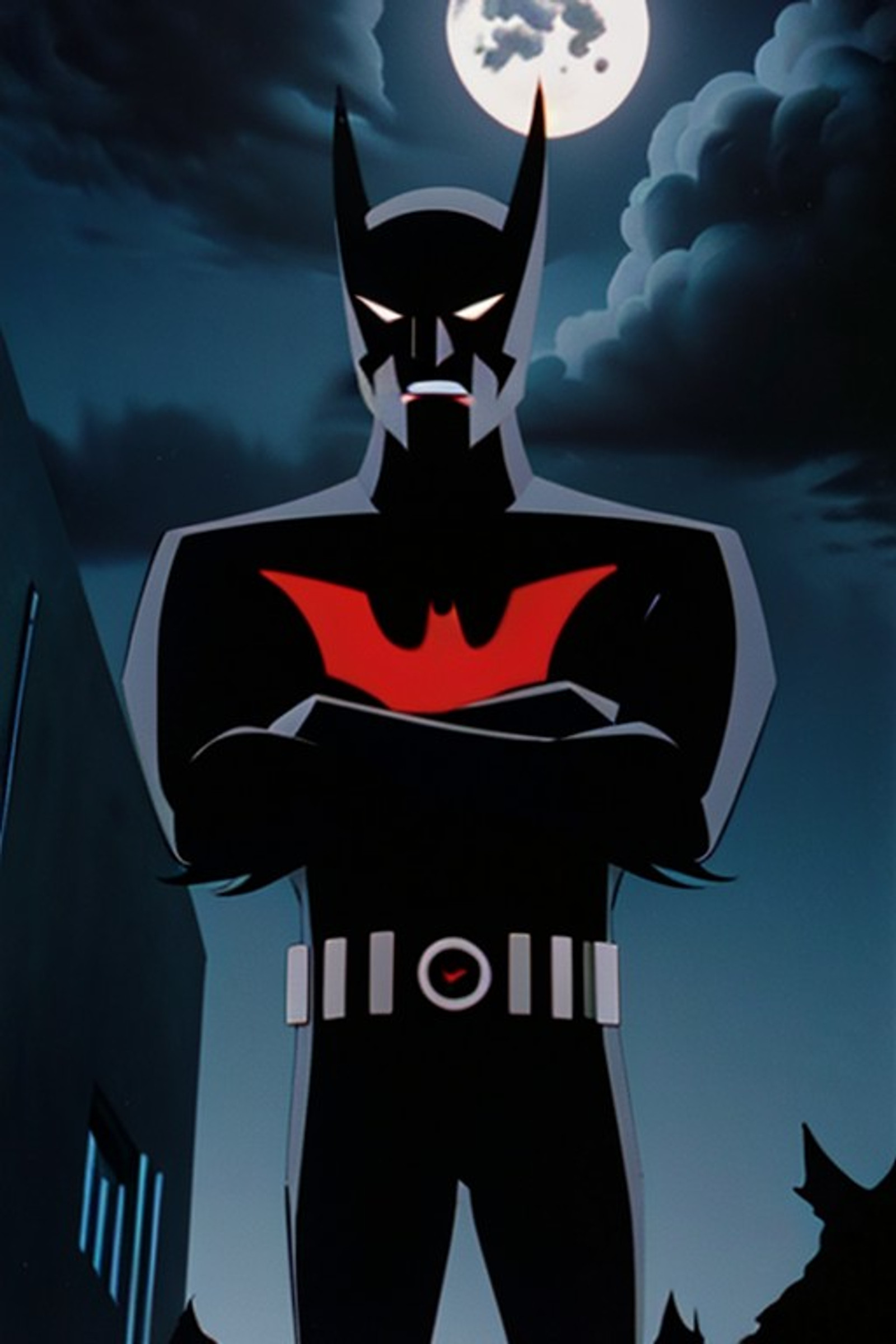 Batman-Beyond, male focus ,standing, crossed arms,
, (colorful),(finely detailed, detailed face),cinematic lighting, extremely detailed CG unity 8k wallpaper,solo,smile,
sky, cloudy_sky, building, moonlight, moon, night, (dark theme:1.3), light, fantasy, <lora:Batman_Beyond-20:1>