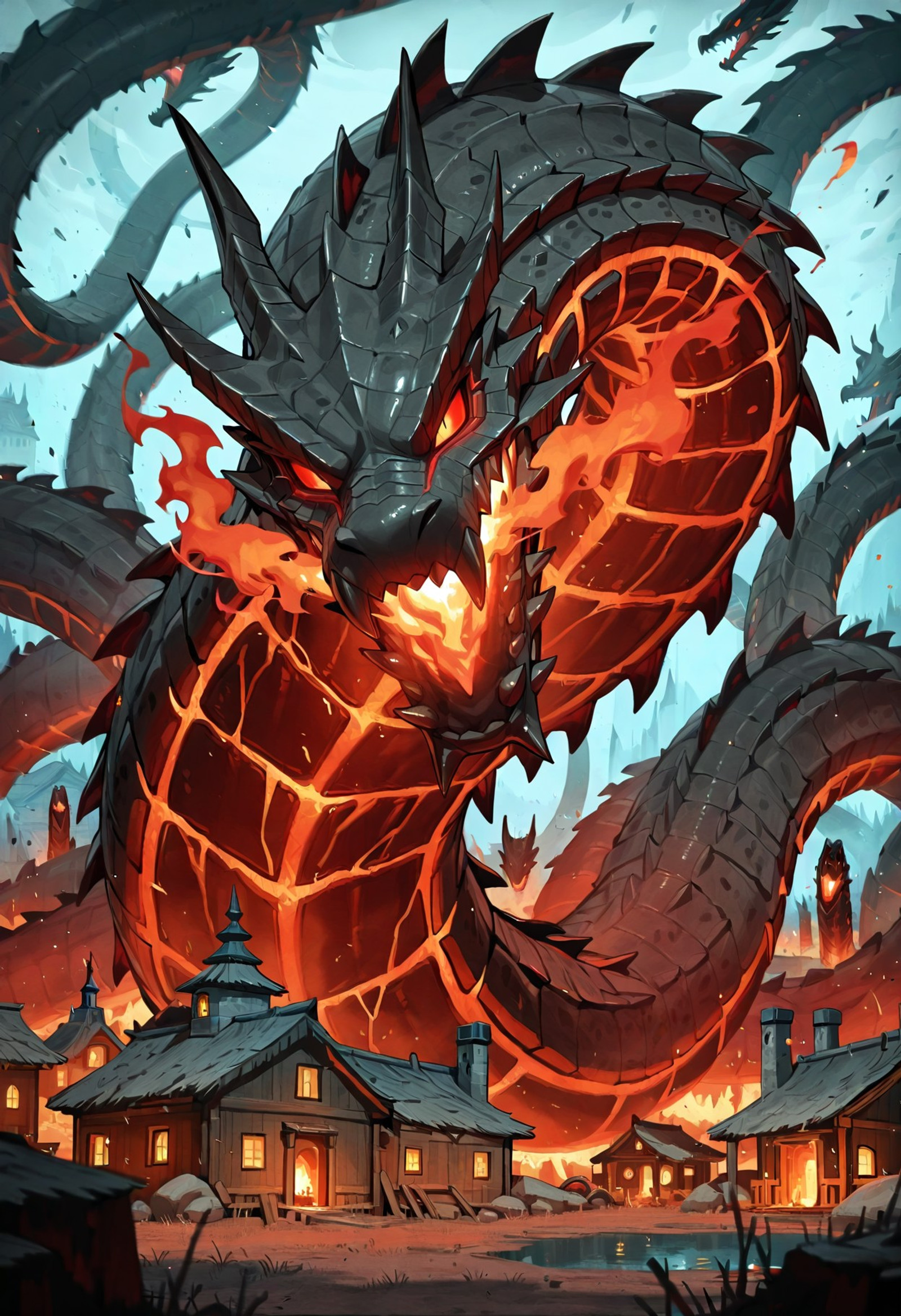 1hydra, giant hydra creature, towering over a small rural village, breathing fire, 7 headed hydra, breathing fire on village huts, vicious beast, a cruel and vile creature destroying civilization, roiling fire, nohumans, brutal monster

masterpiece, best quality, amazing quality, masterwork, cinematic light, harsh shadows, light and shadows, perfect composition
