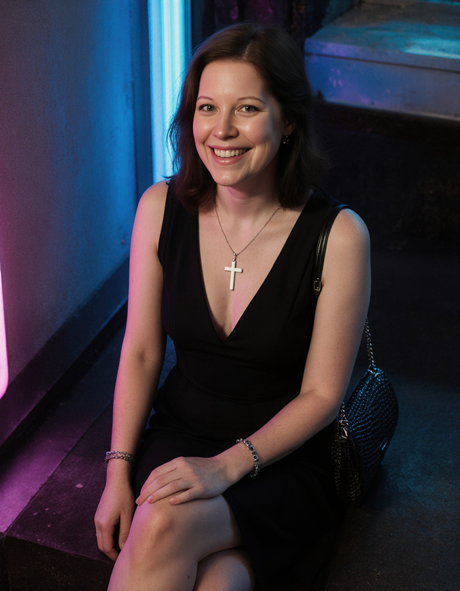 "photography of a smiling NorthernIreland woman, dressed in black dress, sleeveless top, plunging neckline, white cross necklace, textured handbag, silver bracelet, sitting down, legs bent, hands on knee, relaxed demeanor, Cool color palette, neon lights, (top down:1.4), shot on Nikon Coolpix P950 with Built-in 24-2000mm f-2.8-6.5 <lora:NorthernIreland:1>"