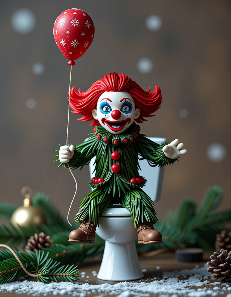 cute, humorous, witty, funny, comical, made of fir needles
A fir needles person looking like terror clown is h