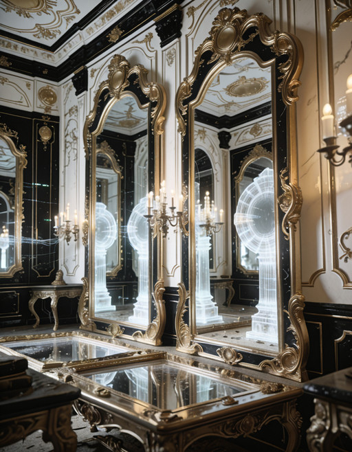 ultra-detailed rococo sanctuary, post-human future,human remnants, oversized gilded frames encasing holographic voids, 
fractal moldings in black gold and translucent ivory, 
mirrors reflecting adjacent dimensions, 
bioluminescent candelabras, warped proportions, uncanny symmetry, 
dust of centuries on baroque furniture, floating data streams 
woven into ornamental plasterwork, eerie reverence atmosphere, 
cinematic lighting, depth of field
ultra-detailed rococo s4nctu4ry  <lora:training_1715964-20260301163514302:1>, Masterpiece,best quality,hi res,8k,(sharp focus, intricate, highly detailed),
