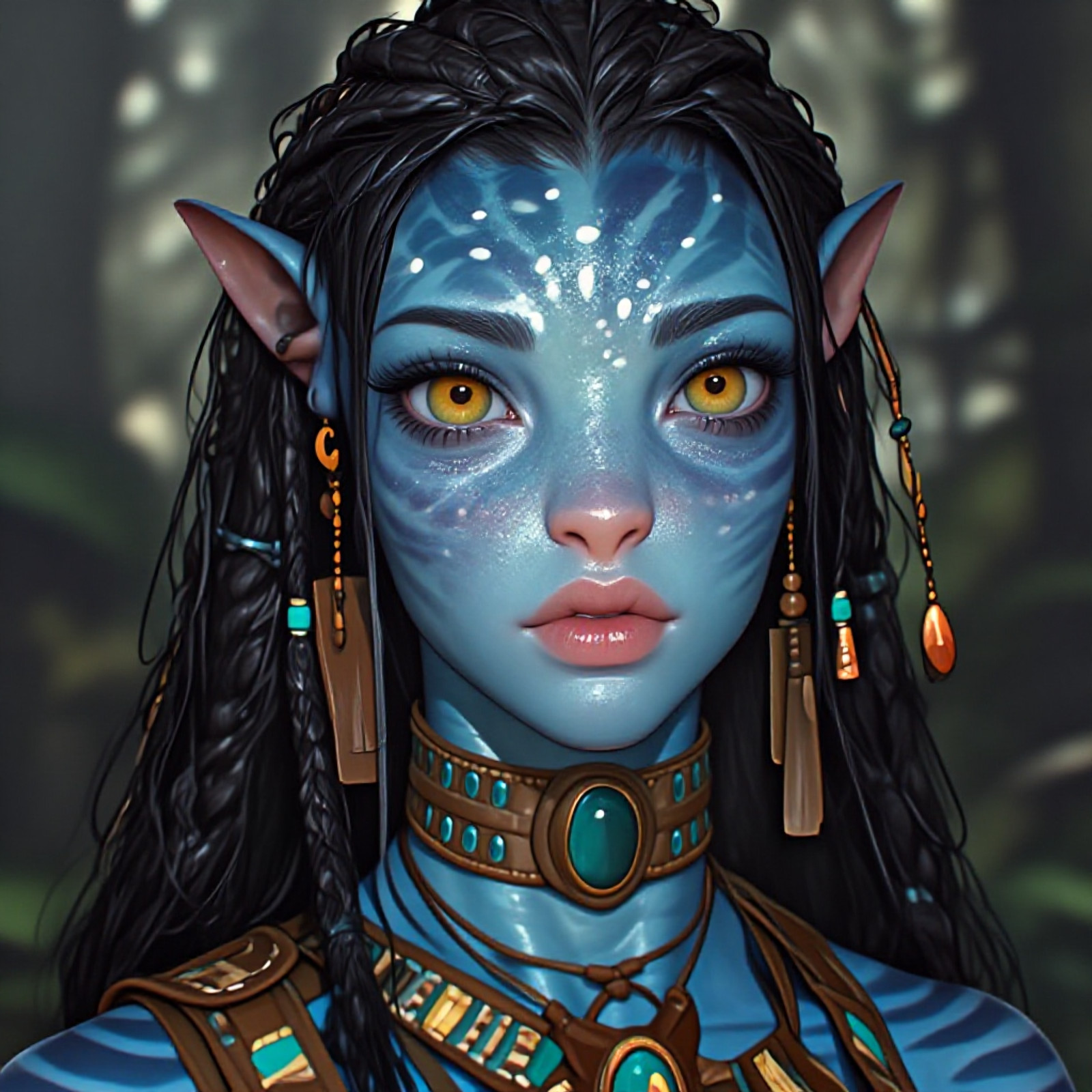 A hyper-realistic digital art / 3D character render of a female humanoid alien resembling a Na'vi from the Avatar universe, front-facing portrait. She has blue, realistic, porous skin with bioluminescent-style white dots on forehead and nose bridge, faint darker blue tiger-stripe patterns, and slight gloss/sheen on high points. Her eyes are large, almond-shaped, wide-set, golden yellow/amber with small black pupils and long, black, defined eyelashes. She has pointed, elf-like ears high on the side of the head, a broad, feline-like nose with a flat and wide bridge, and full lips with a natural rose/pink tint in a neutral, calm expression. Her black hair features intricate braiding with micro-braids, loose strands, beaded decorations in wood, blue, and yellow, and thread wrappings. Accessories include a brown leather choker with blue studs and a large central oval green gemstone in a bronze/gold setting, a layered, knotted necklace of thin leather cords, a dangle earring with brown beads and a copper/bronze end on the right ear, and a long, flat, rectangular pendant on the left ear. She wears a tribal harness/straps of woven texture with a leather look, in earth tones of brown and beige with teal accents and geometric woven patterns. The image uses soft diffuse lighting with highlights on forehead, nose tip, lips, and shoulders, and soft occlusion shadows under chin and hair. The background is a bokeh out-of-focus with muted greens and greys, suggesting a forest or jungle environment, with sharp focus on the face and eyes.
