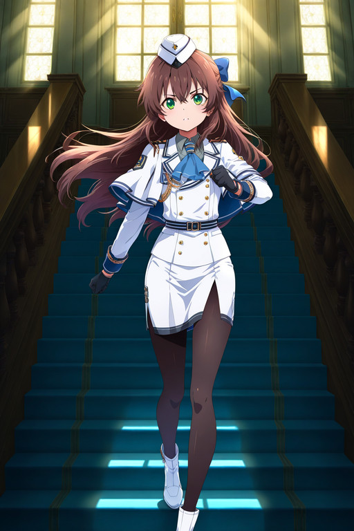 dynamic pose, fighting stance, 
 <lora:Towa-Herschel_lL_v01.1:1> long hair, brown hair, green eyes, hair between eyes, floating hair, bow, hair bow, blue bow, very long hair, bangs
pantyhose, gloves, miniskirt, skirt, pencil skirt, black gloves, hat, black pantyhose, ascot, shirt, wing collar, long sleeves, collared shirt, white skirt, white jacket, hair bow, jacket, white footwear, bow, blue bow, uniform, side slit, capelet, blue ascot, garrison cap, white headwear, grey shirt, grey skirt, (HDR), (intricate details), newest, (amazing quality:0.5), absurdres, highres, 8k resolution, film grain, soft lighting, anime, (anime screenshot:2, anime coloring:2), detailed background, 8k, masterpiece, best quality, very aesthetic
1girl, solo,