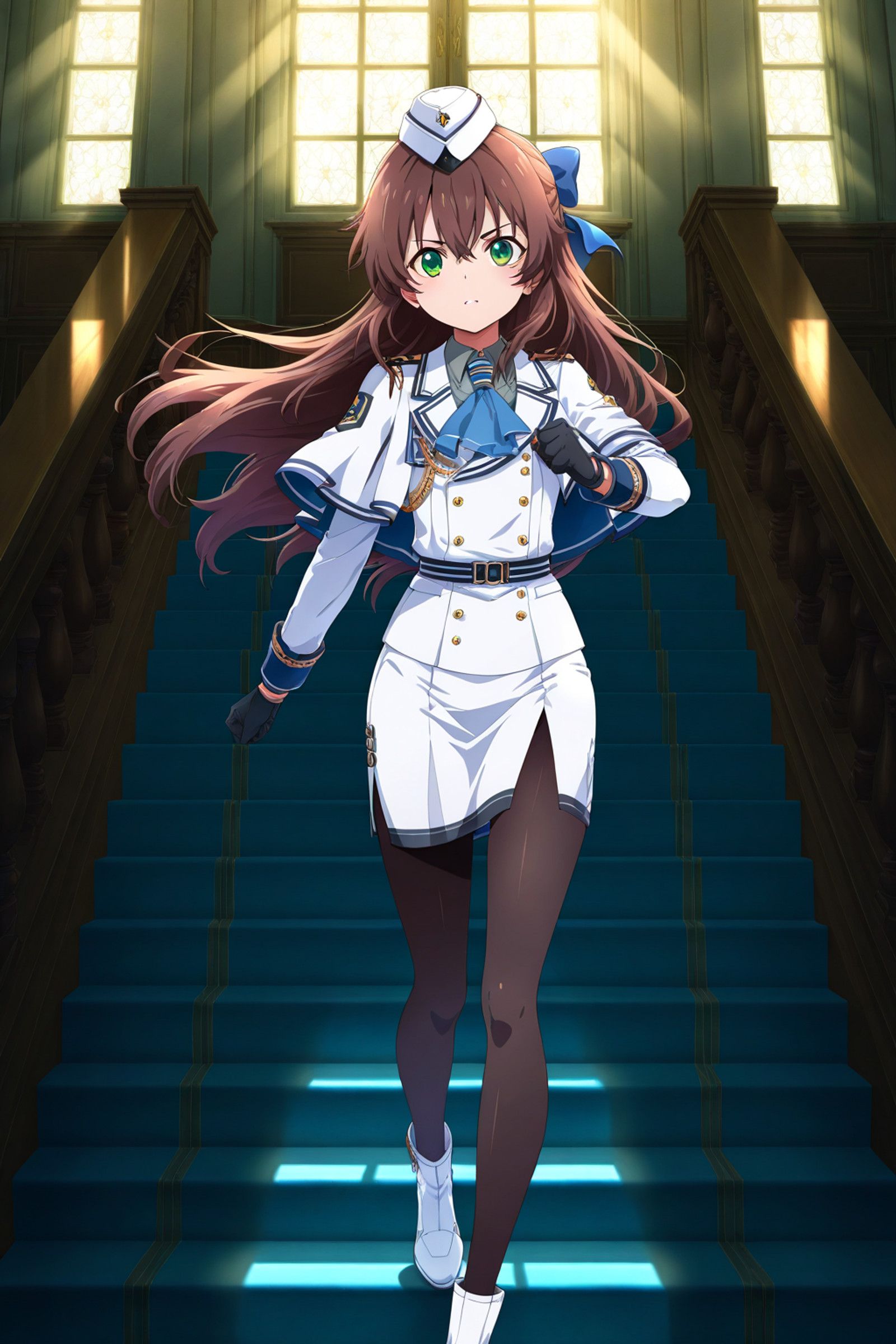 dynamic pose, fighting stance, 
 <lora:Towa-Herschel_lL_v01.1:1> long hair, brown hair, green eyes, hair between eyes, floating hair, bow, hair bow, blue bow, very long hair, bangs
pantyhose, gloves, miniskirt, skirt, pencil skirt, black gloves, hat, black pantyhose, ascot, shirt, wing collar, long sleeves, collared shirt, white skirt, white jacket, hair bow, jacket, white footwear, bow, blue bow, uniform, side slit, capelet, blue ascot, garrison cap, white headwear, grey shirt, grey skirt, (HDR), (intricate details), newest, (amazing quality:0.5), absurdres, highres, 8k resolution, film grain, soft lighting, anime, (anime screenshot:2, anime coloring:2), detailed background, 8k, masterpiece, best quality, very aesthetic
1girl, solo,
