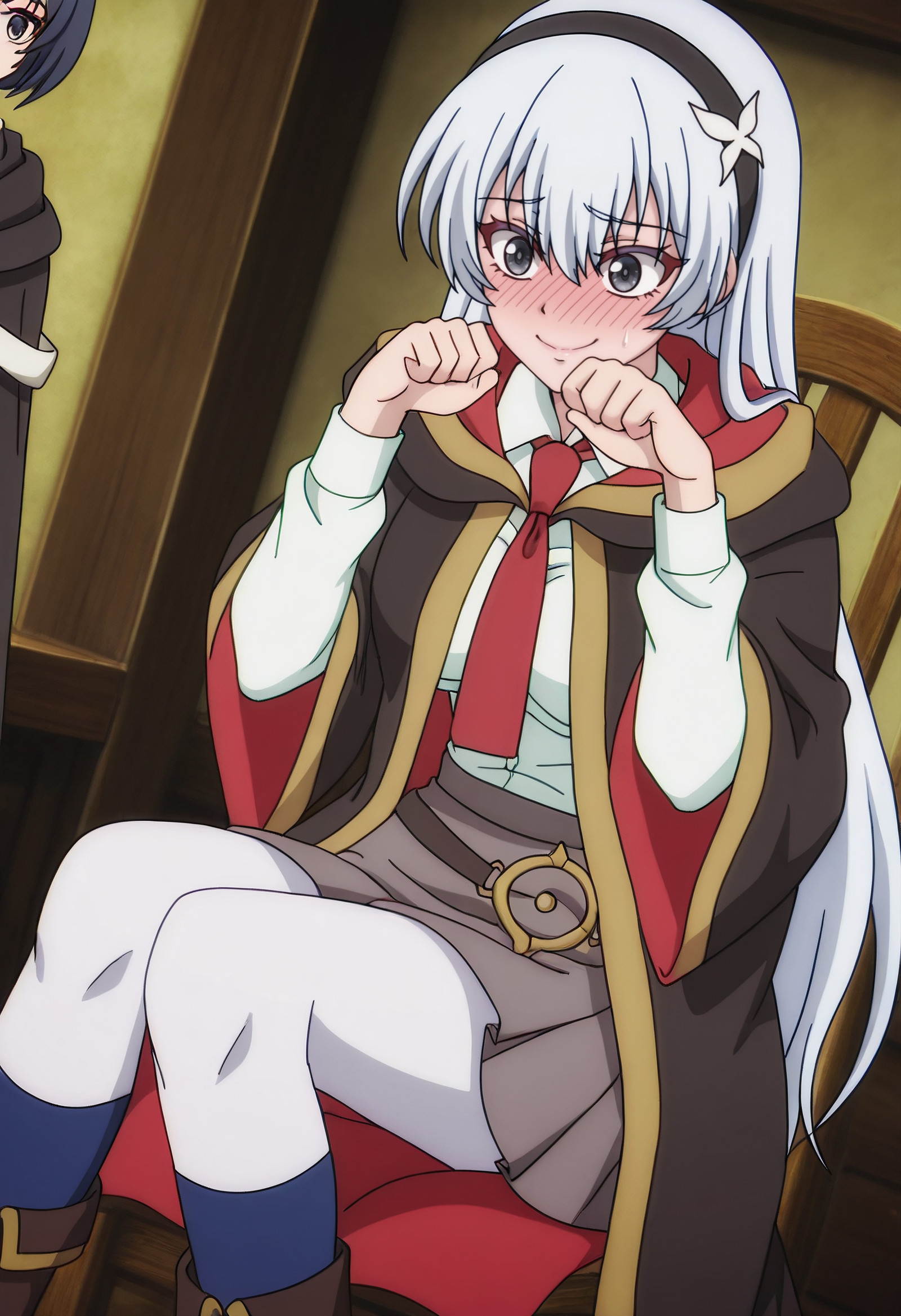    masterpiece, best quality, amazing quality, anime_screencap, anime_coloring, Full-face blush, nervous smile, eyes darting, embarrassed, lips pressed tightly together, MGYKrasia, long_hair, very_long_hair, hairband, black_hairband, white_hair, hair_between_eyes, grey_eyes,  solo, KrasiaSchool, school_uniform, white_shirt, red_necktie, collared_shirt, black_robe, long_sleeves, robe, black_cloak, hooded_robe, open_robe, black_skirt, pleated_skirt, black_coat, wide_sleeves, boots, black_socks, kneehighs, hood, hood_down, brown_footwear,  sitting, on chair, unique pose, unique angle, <segment:girl's face,0.55,0.2//cid=11> Full-face blush, nervous smile, eyes darting, embarrassed, lips pressed tightly together, MGYKrasia, long_hair, very_long_hair, hairband, black_hairband, white_hair, hair_between_eyes, grey_eyes, 