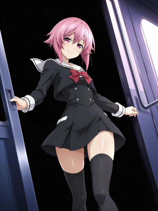 masterpiece,best quality,amazing quality,very aesthetic,absurdres,ultra detailed face,ultra detailed eyes, 4fingers, 1girl, contrast lighting, shiny skin, glossy skin, solo,
(SerikaOnoe, pink eyes, pink hair, short hair),
school uniform, short black dress, long sleeves, sailor collar, bowtie, black thighhighs, white loafers,
thigh focus, seductive smile, arched back