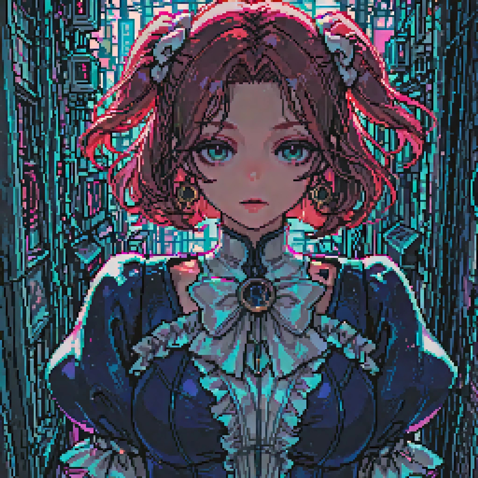 masterpiece,best quality,amazing quality,yuki77style,pixel art,dithering,pixel shading,soft pixel lighting,soft contrast,clean pixel clusters,black_widow,marvel,1girl,natasha_romanoff,<lora:blackwidowMR-10:0.8>,BlackwidowRivals,red hair,wavy_hair,ahoge,red_hair,short hair,red_lips,blue eyes,green_eyes,tattoo,collarbone,gold_earrings,large breasts,magical girl,ribbon,bow,white bow,dress,looking at viewer,solo,puffy sleeves,gloves,two side up,elbow gloves,frills,closed mouth,blue dress,bowtie,expressionless,white gloves,white ribbon,upper body,straight-on,white bowtie,arms at sides,and a white bow on her head,She wears a dress with puffed sleeves,a large white bow at the chest,and white gloves,The background is a vibrant,futuristic cityscape with neon blue,pink,and purple hues,filled with skyscrapers and abstract structures,The girl's expression is neutral,and she is centered in the image,with the background creating a dynamic,colorful atmosphere,<lora:TrendCraft_The_Peoples_Style_Detailer-v2.4I-5_18_2025-Illustrious:0.35> <lora:yuki77mi_nanamiyuki0j0j0ê_-_Artist_style__Illustrious:1>
