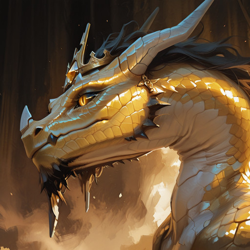 masterpiece, 8k, best quality, amazing quality, high resolution, ultra detailed, dynamic lighting, concept art, realistic, solo, closed mouth, disdain, (crown), feral dragon, silver horns, black sclera, golden eyes, slit pupils, glowing eyes, golden scales, creepy eyes, from side, close-up, face focus, warm tone, visible brushstrokes, muted color, yellow, white, black, pastel colors, Vo1d Sp3ctrum, <lora:Void_Spectrum:1.2> <lora:Lung-Easter-Dragon-IL-V1.0:0.6>