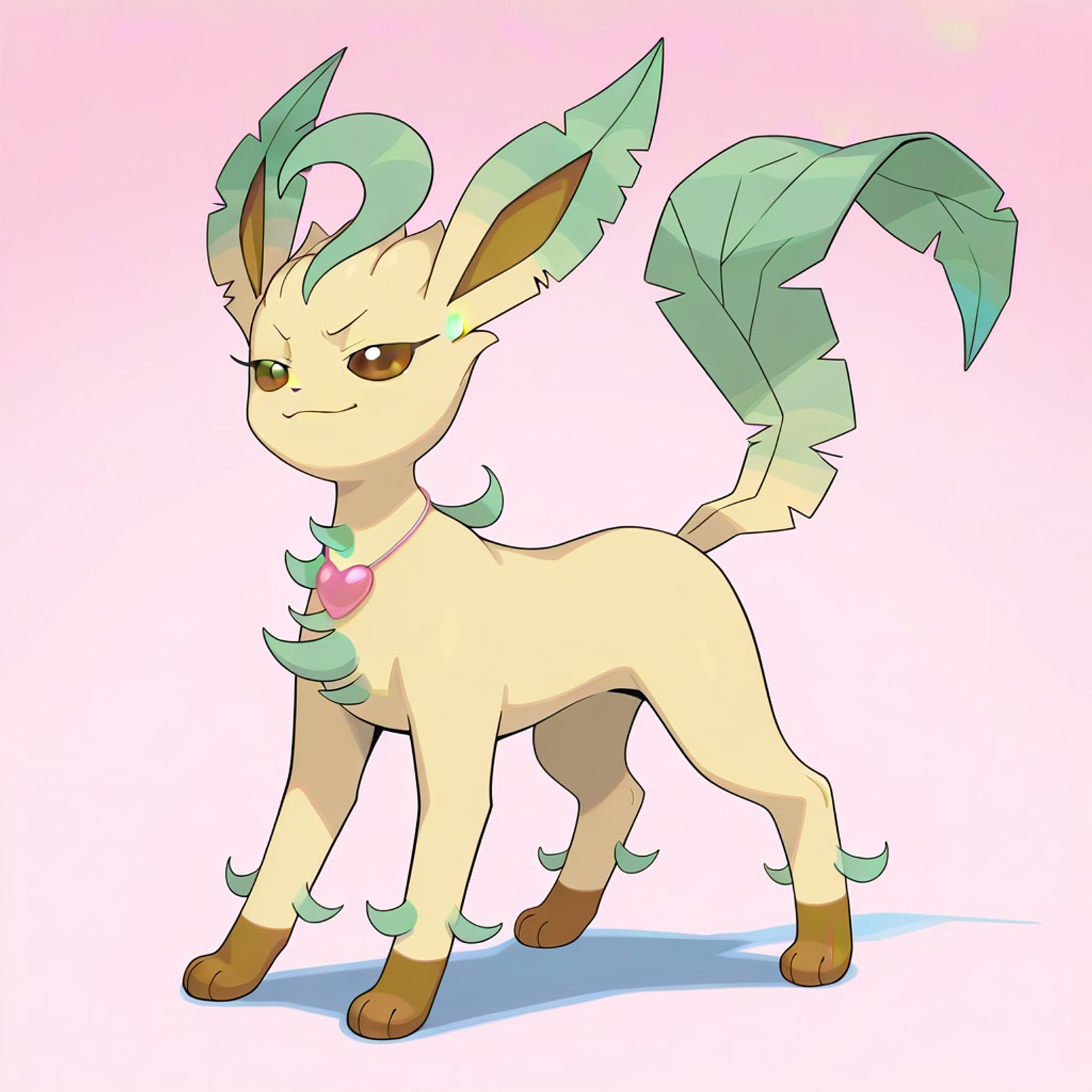 (((SFW, safe for work, PG, clean))))
leafeon, pokemon (creature), quadruped, light yellow fur, brown paws, brown eyes, green markings, simple eyes
female, girly, (((long eyelashes))), very feminine 
stands proudly, chest puffed out, raised head, arched eyebrows, assertive stance, bottom view, chin up, bright and expressive eyes, playful attitude, body turned slightly to one side, expressive eyes, ((((((dynamic pose))) 
full body, solo, (((wearing pink heart necklace))), front view, (((smug))), long eyelashes, (((tough))), girly, standing confidently, solo, happy, smiling, smirk, (((light pink background))), (standing), full body view, open eyes, closed mouth, pokemon_style, flirty 
masterpiece, best quality, amazing quality, score_9, score_8, score_7, no humans, 8k, best quality, amazing quality, (((safe_pos)))