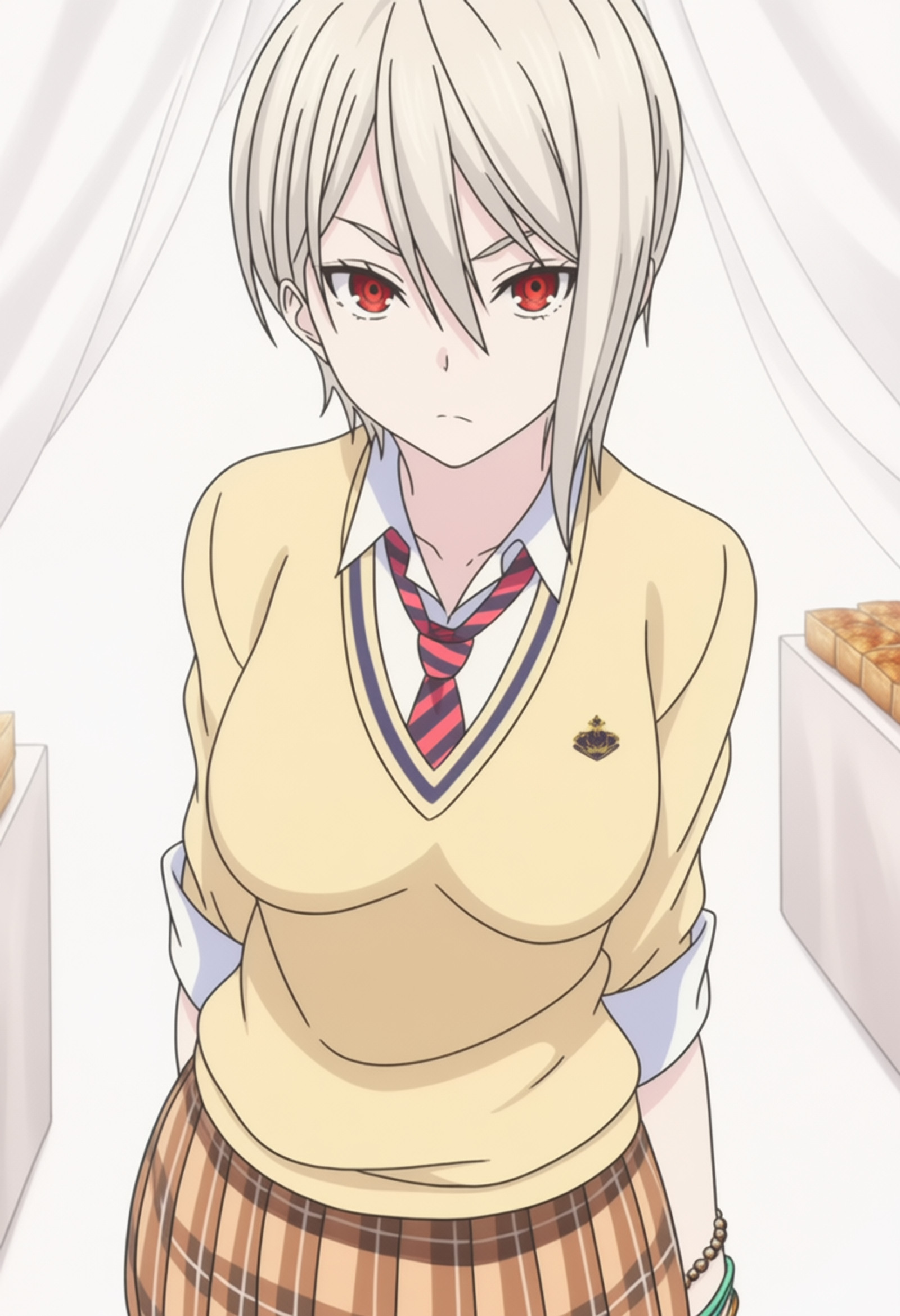 masterpiece, best quality, score_7, amazing quality,, cowboy shot, solo, looking at viewer, transparent background, simple background, white background, <lora:alice-nakiri-s1-anima-lora-nochekaiser:1>, alice nakiri, nakiri alice, short hair, red eyes, white hair, hair between eyes, mature female, large breasts, anime screencap, skirt, shirt, jewelry, pleated skirt, necktie, striped, bracelet, sweater, plaid, plaid skirt, striped necktie, white shirt, collared shirt, light brown sweater,, arms behind back, market, stalls, food, trade,
