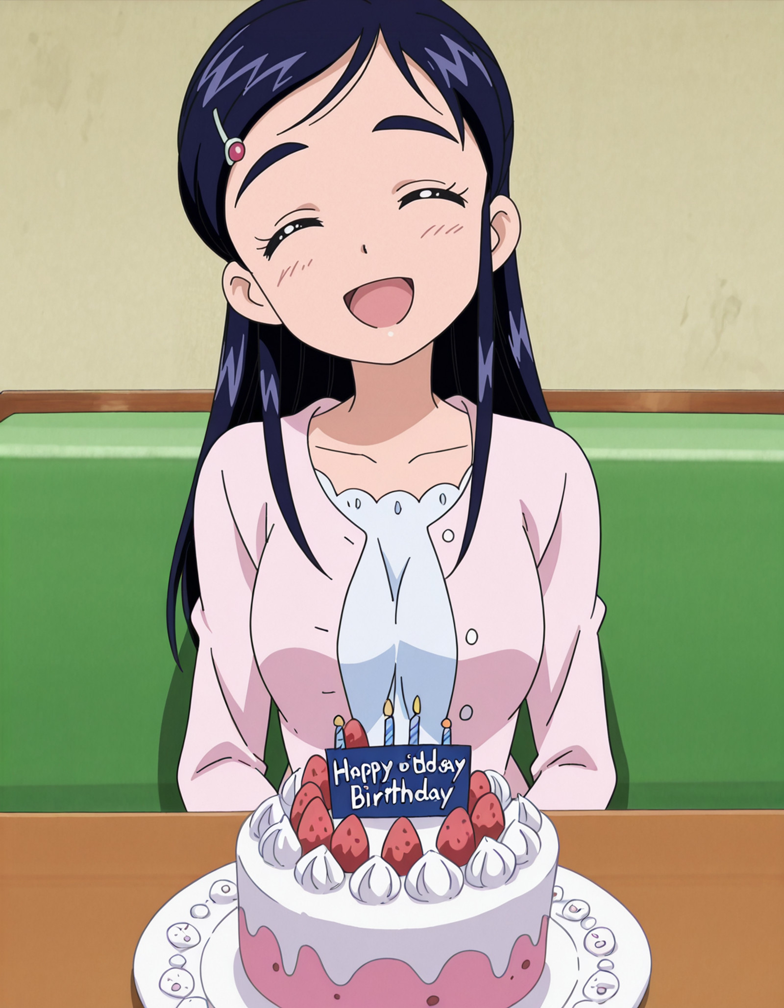anime screencap,solo,1girl,yukishirohonoka,honokanormal,pink jacket,long sleeves, <lora:yukishirohonoka_IL:0.8>smile,looking at viewer,medium breasts,closed eyes, sitting,birthday cake on table,happy,open mouth, high definition,amazing quality,best quality,very aesthetic,masterpiece,absurdres