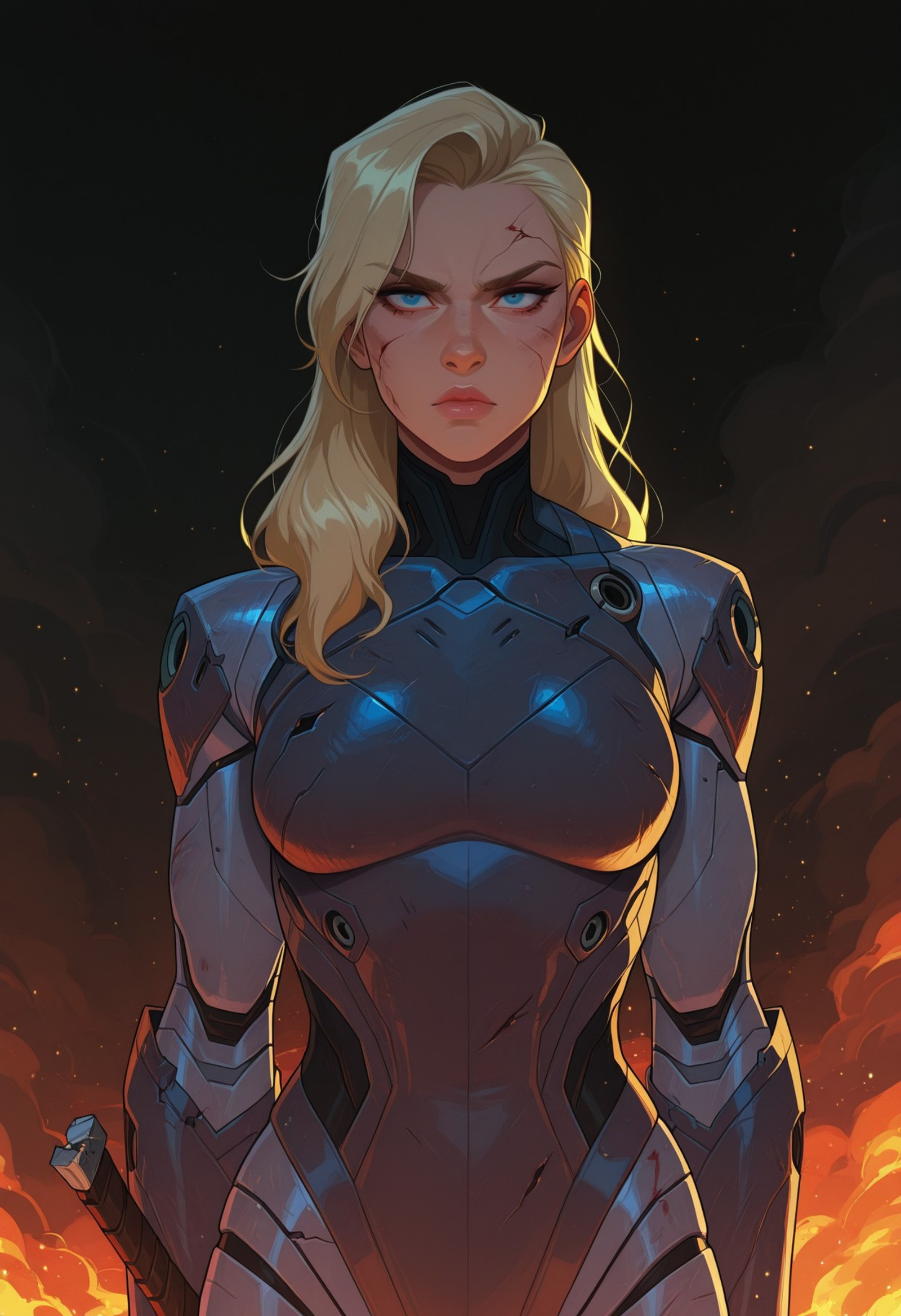 skindentation, (realistic:0.8), (flat color:1.6), (no lineart:1), (no outline:1), (Flat vector:1), (artist:incase:0.5), newest, solo, broken covenant, breasts, , solo, broken covenant, breasts, 1girl, dystopian sci-fi, standing proud but wounded, frame from face to hips, scarred bronze cybernetic skin, armored transparent harness, short blood-slicked blonde hair, cracked plasma blade in hand, flaming ruined mechs behind, stormy radioactive clouds, intense determined gaze, detailed mechanical and skin fusion, (dramatic lighting), (light particles: 1.4), NSFW, black background, side light, S1 drama, , Masterpiece, Best Quality, beautiful, stylistic, artful, masterwork, beautiful face, gorgeous face, supermodel beauty, detailed eyes, beautiful eyes, detailed lips, high detailed skin, soft volumetric lighting ,score_9, score_8_up, score_7_up, rating_explicit, amazing quality, beautiful texture, detailed fabric textures, detailed background, OverallDetail