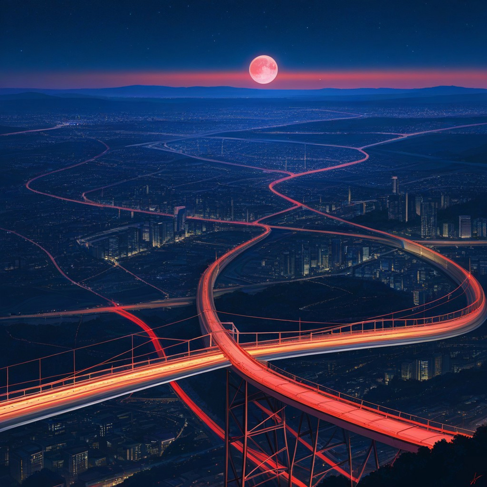 night, no humans, landscape, red light, city, moon, star (sky), highway bridge, panoramic view, high quality, perfect details, hi res, 4k, cinematic lighting