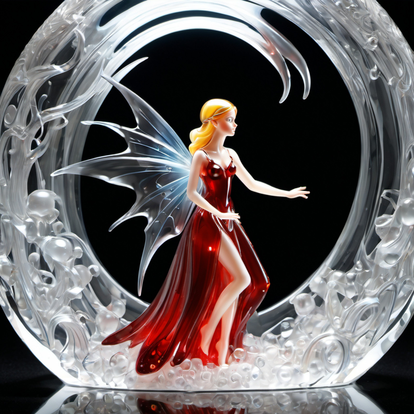 (murano_glass_style:0.2), Advenature in a chrystal cave, with an out-of-context adventurer trying to escape from danger.
*scene*: Chrystal cave enclosed in glass, partially visible glass walls, with a litle fairy trying to escape. Closeup shot
of the fairy.
*fairy*: red cloths, living fairy trapped, blond hair, big blue eyes. She is very woried, both hands on the inside of the ball, trying to push it to escape. Worry and effort on her face. Tries to break free.
*christal cave*: sharp christals everywhere, light refracts on each, like sharp blades covering to ground, wals, ceiling.
*danger*: in the background, a fairy sized, huge chrystal spider lurking, almost invisible, his 8 eyes as red dots visible in the dark.