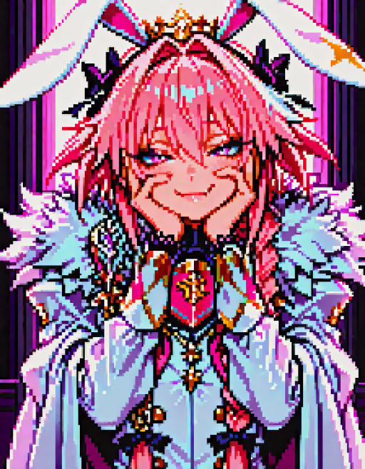 amazing quality,solo,pixo,pixel artBREAKmasterpiece,best quality,very aesthetic,absurdres,Detailed face,detailed background,cinematic,lighting,astolfo_(fate),fate_(series),1boy,male_focus,twintails,braided_ponytail,two-tone_hair,pink_hair,white_hair,very_long_hair,fang,half-closed_eyes,purple_eyes,shiny_skin,fur-trimmed_cloak,pink_neckerchief,crown,black_ribbon,rabbit_ears,flat chest,femboy,trap,otoko no ko,thick eyelashes,long eyelashes,white dressBREAKhands on own face  <lora:pixo:1:0.8>
