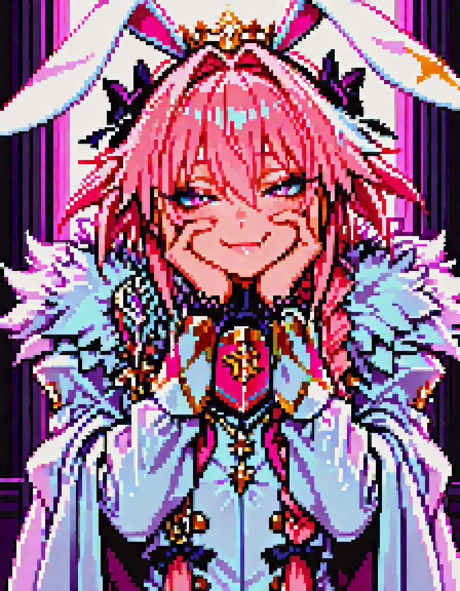 amazing quality,solo,pixo,pixel artBREAKmasterpiece,best quality,very aesthetic,absurdres,Detailed face,detailed background,cinematic,lighting,astolfo_(fate),fate_(series),1boy,male_focus,twintails,braided_ponytail,two-tone_hair,pink_hair,white_hair,very_long_hair,fang,half-closed_eyes,purple_eyes,shiny_skin,fur-trimmed_cloak,pink_neckerchief,crown,black_ribbon,rabbit_ears,flat chest,femboy,trap,otoko no ko,thick eyelashes,long eyelashes,white dressBREAKhands on own face  <lora:pixo:1:0.8>