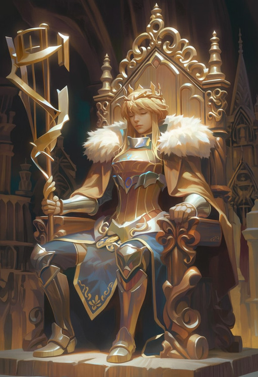 @mtgbuns,, blending,wood, wood carving (medium),(brown theme,monochrome),, Artoria Pendragon \(lancer\) from fate seated on an ornate throne, carved entirely from warm honey-toned wood with visible fine grain and hand-chisel details. Hyper-detailed wooden sculpture, photorealistic carving, baroque and gothic ornamentation. Seated, slightly reclined, eyes closed in serene expression, holding a long ceremonial staff in her right hand; crown of slender wooden spires and filigree; thick fur-like carved mantle draped over shoulders. Smooth, embossed wooden plate armor with floral and filigree engravings, layered pauldrons and greaves with realistic join lines and subtle blue cloth visible beneath carved gaps. Three-quarter front view, full torso to knees, centered on throne with tall carved backrest and spire-like finials; background: blurred carved architectural cityscape also in wood to emphasize material unity. Warm directional rim light from top-left to highlight wood grain and carved edges, soft ambient fill for deep shadows in recesses. Visible tool marks, wood grain flow following anatomy, slight lacquer sheen on raised surfaces, thin dust in crevices. Color palette: warm browns and amber highlights with subtle blue cloth accents, low saturation. Camera: 50mm equivalent, shallow depth of field (f/2.8), slightly low angle to convey majesty. Mood: solemn, timeless, handcrafted monument