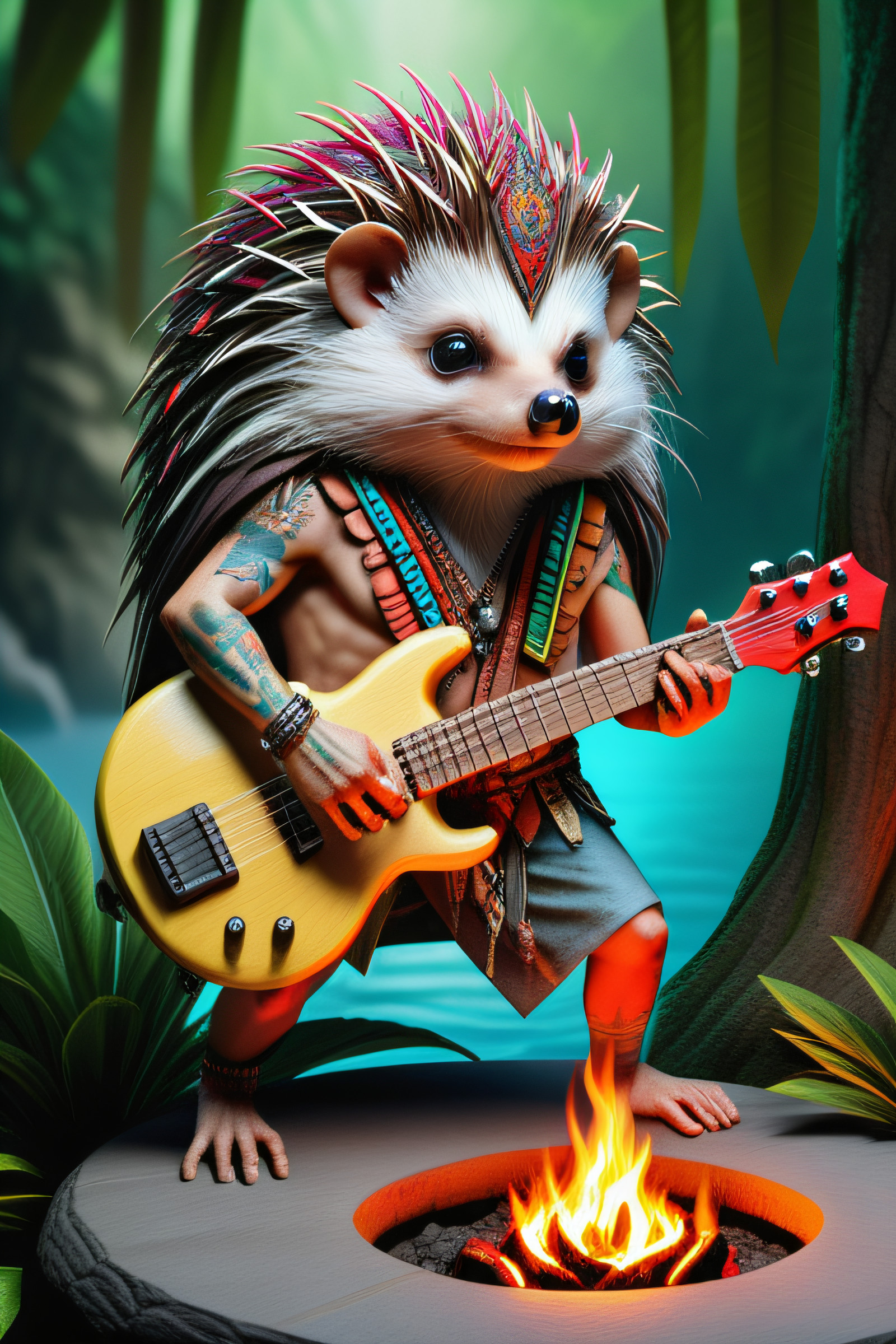 adrr shaman, a Shaman Hedgehog playing electric guitar, dredlocks, Native American Tiki poles, colorful tattoos, Bayou swamp, fire pit, photo realism