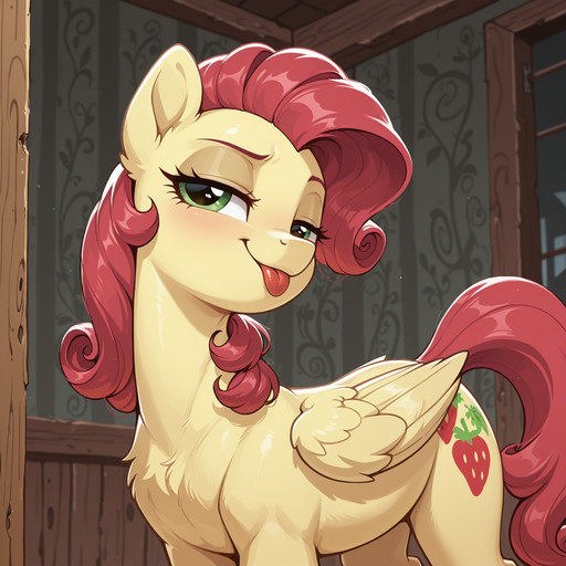 masterpiece, best quality, amazing quality, very aesthetic, absurdres, newest, Ultra-HD-detailed, 1girl, solo, my little pony, feral, feral pony \(mlp\), pony,  mare, quadruped, anatomically correct,  ct-mlp, pony, curly brilliant crimson hair, green eyes, very light yellow body, feather wings, smug, licking strawberry, red tongue