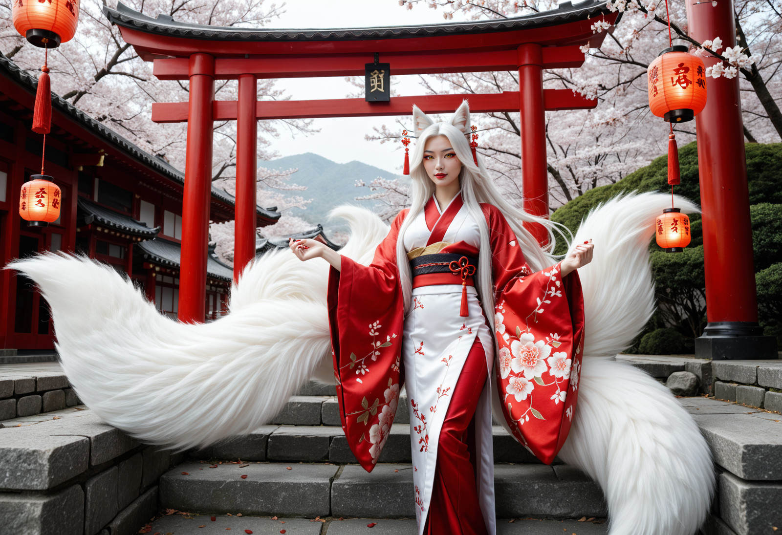 score_9, score_8_up, score_7_up, 1girl,
kitsune, fox girl, fox ears, nine tails,
multiple large fluffy white fox tails,
tails fanned out behind her,
japanese features, asian features, petite,
pale porcelain skin, silver white hair,
long flowing hair, glowing amber eyes,
slit pupils, detailed face,
CyberRealisticPony_V14.0,
at top of stone staircase,
rows of torii gates descending behind her,
lanterns lining both sides,
arms slightly raised, tails fanned wide,
commanding presence, goddess energy,
red ceremonial kimono