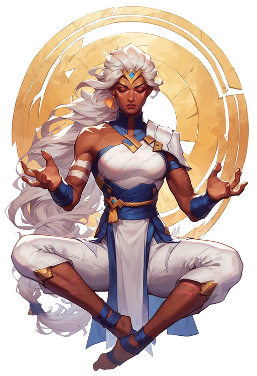 score_9, score_8_up, score_7_up, solo,
solo, dynamic pose, 1human, full body, masterpiece, best quality, amazing quality, (cartoon:1.1), color, vivid color, 

Female, woman, white skin marks, white tattoo, scars, dark skin, long hair, very long hair,( tied hair:1.3), white hair, wrinkles, white clothes, cute face, meditation pose, closed eyes,

amazing quality,  
masterpiece, best quality, look at viewer, MarvelRivals, cartoon, simple white background,