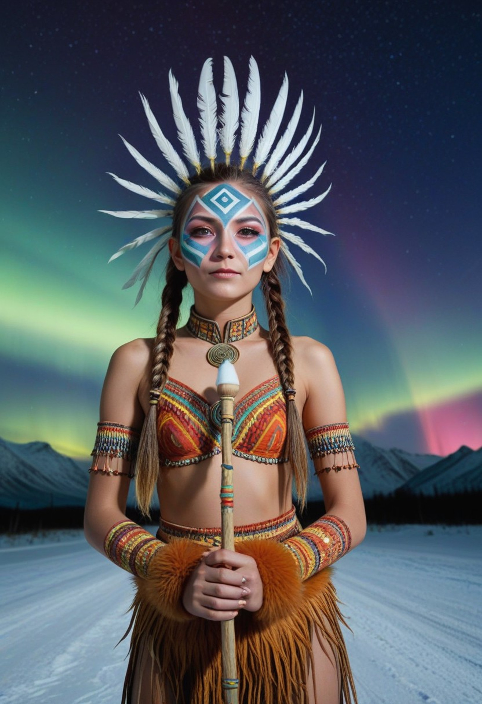 SFW, SmoothNoob_Quality, semi_realistic, , 1girl , 19yo girl,  shaman girl , geometric tribal face painting,mystical cosmic entity, thick long braid,  wearing fur covered rainbow   armor  colorfull feathers headgear,, holding staff made of ice, starry night with milk road background, aurora borealis at the sky,
, Smooth Quality, masterpiece, high_quality, highres, sharp_focus, adrr shaman,