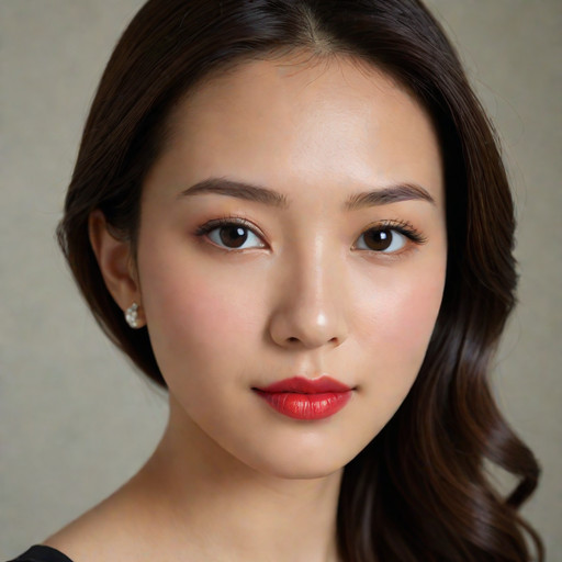 **Character Focus & Shot:**
(Close-up beauty shot of a classic Korean goddess:1.4), (flawless beauty queen), (pure, gentle expression:1.3), (masterpiece), (best quality).

**Facial Features:**
(Perfectly symmetrical oval face), (delicate bone structure:1.2), (flawless porcelain skin).
**Eyes:** (Large, bright, innocent dark eyes), natural looking lashes, (clean, minimal eye makeup).
**Nose & Lips:** (Straight, high-bridged nose), (heart-shaped red lips:1.2) with a slight sheen.
**Expression:** (Elegant, soft smile/smirk), (calm, direct gaze).

**Hair & Makeup:**
(Long, wavy, natural brown hair) with a subtle part, styled simply over one shoulder.
**Makeup:** Focus on a flawless base, red or burgundy lip color, minimal eye emphasis.

**Attire & Lighting:**
Wearing a (simple, elegant black satin dress). (Soft, diffused natural lighting), subtle backlighting for a halo effect, high resolution, (fashion photography).
