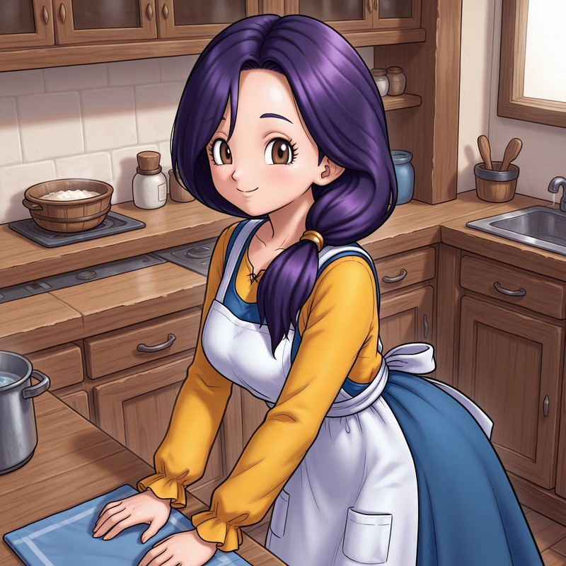 1girl,solo, <lora:DQ3_mother_ill_v1.00:1> d_q_3 mother, purple hair,low ponytail,hair over one shoulder, brown