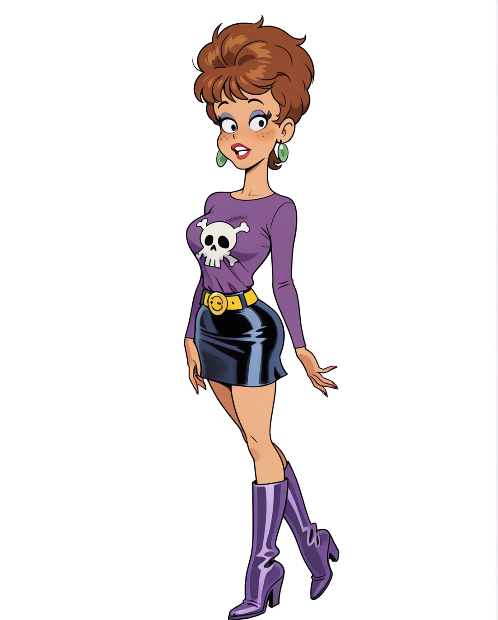 masterpiece, best quality, toon, flat colors, highres, amazing quality, 4k, high resolution, ultra-detailed, newest, best anatomy, perfect details, source_cartoon, toon (style), (cartoon:1.0), solo,
sultry, seductive, pinup_(style), sexualy suggerent, sensual pose,
<lora:HK_PLAYBOY_STYLE:1.0>, HK_PLAYBOY_STYLE,
 <lora:Luna_Loud_r1:0.6>, Luna_Loud, freckles, earrings, jewelry, brown hair, very short hair, boots, shirt, belt, skull print, purple footwear, makeup, skirt,