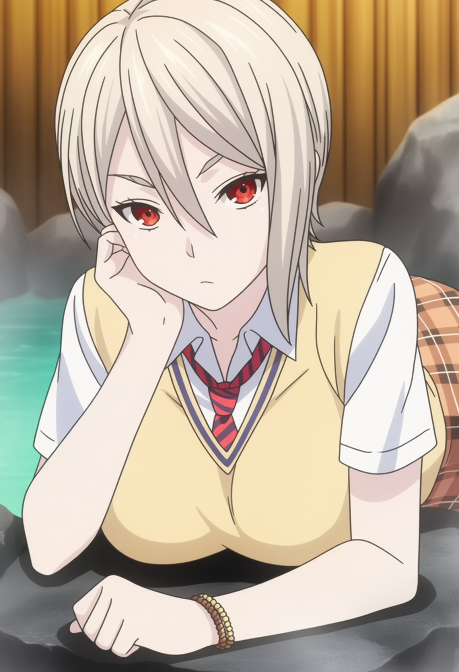 masterpiece, best quality, score_7, amazing quality,, cowboy shot, solo, looking at viewer, , <lora:alice-nakiri-s1-anima-lora-nochekaiser:1>, alice nakiri, nakiri alice, short hair, red eyes, white hair, hair between eyes, mature female, large breasts, anime screencap, skirt, shirt, jewelry, pleated skirt, necktie, striped, bracelet, sweater, plaid, plaid skirt, striped necktie, white shirt, collared shirt, light brown sweater,, lying, on stomach, onsen, hot spring, steam, relaxation,