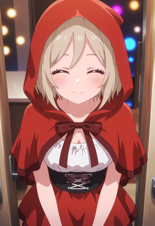 masterpiece, best quality, score_7, highres, absurdres, Closed eyes, blissful expression, content smile, anime screenshot, safe, kmnyume, short hair, blonde hair, green eyes, solo,  yumehalloween, hood, red hood, little red riding hood (grimm) (cosplay), hood up, red capelet, capelet, red skirt, hooded capelet, skirt, shirt, corset, white shirt, red ribbon, ribbon, red cloak, cloak, black corset, halloween costume, hooded cloak, front view, high-angle_view,,