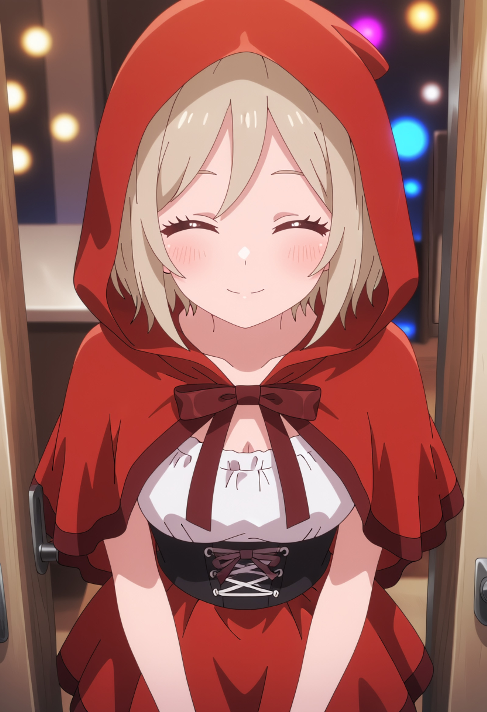 masterpiece, best quality, score_7, highres, absurdres, Closed eyes, blissful expression, content smile, anime screenshot, safe, kmnyume, short hair, blonde hair, green eyes, solo,  yumehalloween, hood, red hood, little red riding hood (grimm) (cosplay), hood up, red capelet, capelet, red skirt, hooded capelet, skirt, shirt, corset, white shirt, red ribbon, ribbon, red cloak, cloak, black corset, halloween costume, hooded cloak, front view, high-angle_view,,